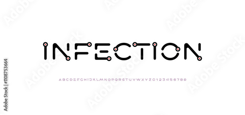 Font alphabet creative modern with red dots, letters A, B, C, D, E, F, G, H, I, J, K, L, M, N, O, P, Q, R, S, T, U, V, W, X, Y, Z and numerals 0, 1, 2, 3, 4, 5, 6, 7, 8, 9, vector illustration 10EPS