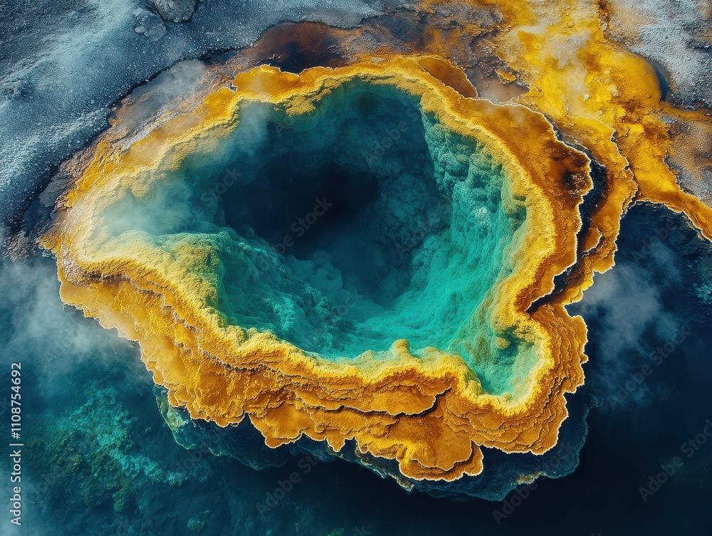 Obraz premium Aerial View of Stunning Colorful Hot Spring with Vibrant Blue and Fiery Orange Sediments in National Park, Nature's Breathtaking Geothermal Feature