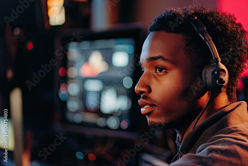 TV host wearing an earpiece while preparing to go live photo