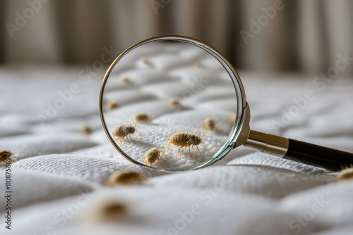 Magnified bed bugs on a mattress, revealing close-up details of the tiny insects and their translucent bodies. photo