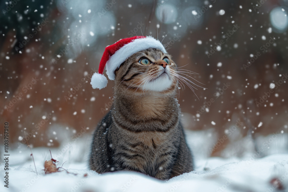 A cat with a Santa hat in snowy scenery, looking curious and adorable. A cat with a Santa hat in snowy scenery, looking curious and adorable.