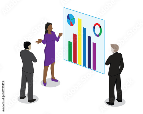 vector design cartoon illustration of a woman and two men looking at graphics of economic traffic and sales of a business within a company