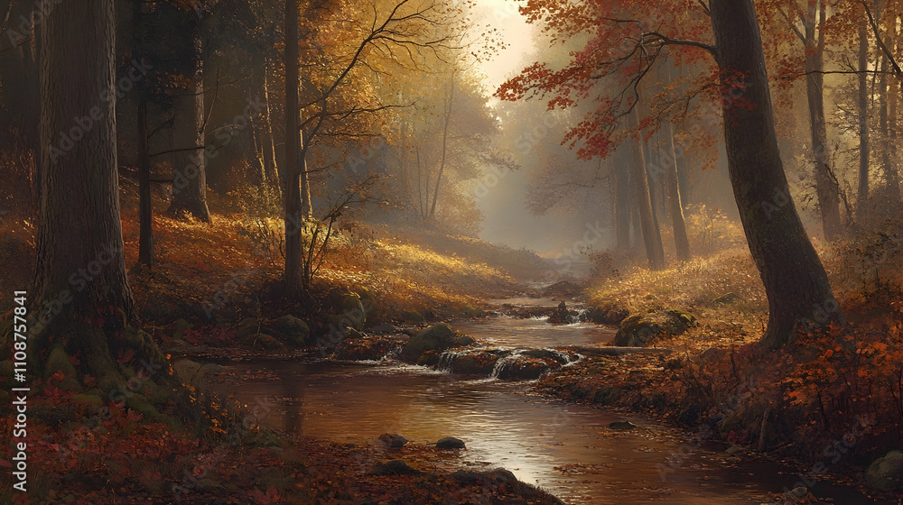Fototapeta premium Serene autumnal forest scene with a stream flowing through colorful foliage and mist.