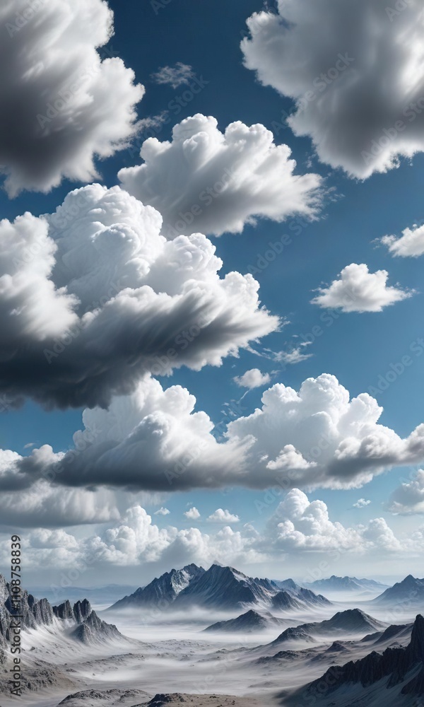 Fototapeta premium A range of cloud types in shades of grey and white suspended above a blue landscape, layered, grey