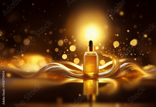 A glass bottle of shimmering golden liquid sits amidst a wave of the same substance, highlighted by a warm, glowing background.  The bottle has a dropper top. photo