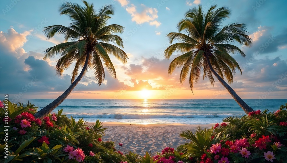 Fototapeta premium Idyllic Tropical Beach. A Serene Shoreline Framed by Lush Palm Trees and Crystal-Clear Waters Under a Bright Blue Sky