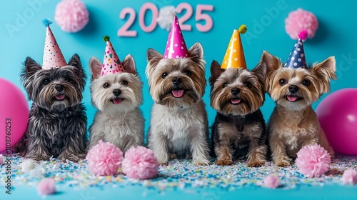 Cute dogs celeberate 2025 Happy New Year ,Animal Party ,wear party hats, with 