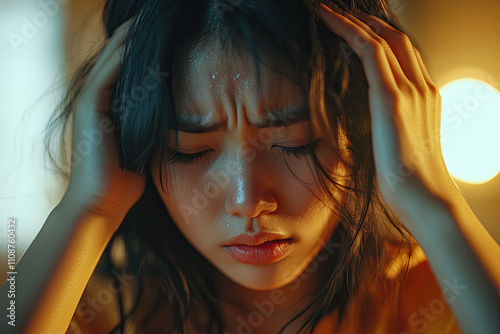 Depression, anxiety or problems concept. Troubled asian girl cant understand what happening, need help, suffering emotional breakdown, close eyes and grab head, crying feeling distressed and upset photo