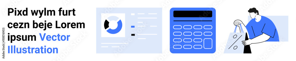 Business dashboard with pie chart and data, digital calculator, person holding shopping bags. Ideal for finance, budgeting, shopping, sales analysis, economic education, marketing strategy Business dashboard with pie chart and data, digital calculator, person holding shopping bags. Ideal for finance, budgeting, shopping, sales analysis, economic education, marketing strategy