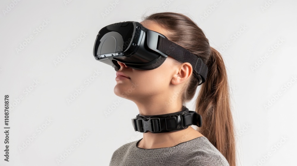 A person using a VR headset with a neck support collar, representing tech hobbies, isolated on white background A person using a VR headset with a neck support collar, representing tech hobbies, isolated on white background