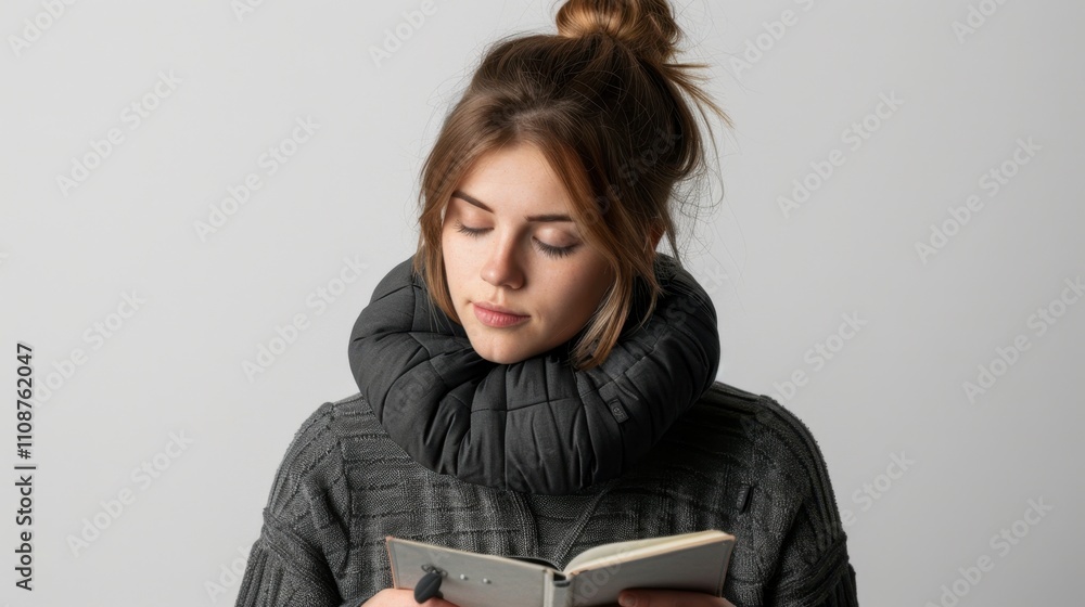 A person writing calligraphy with a neck support pillow, representing mindful hobbies, isolated on white background A person writing calligraphy with a neck support pillow, representing mindful hobbies, isolated on white background