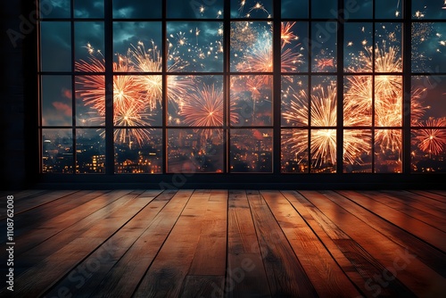 Spectacular Fireworks Display Viewed from a Cozy Wooden Room at Night