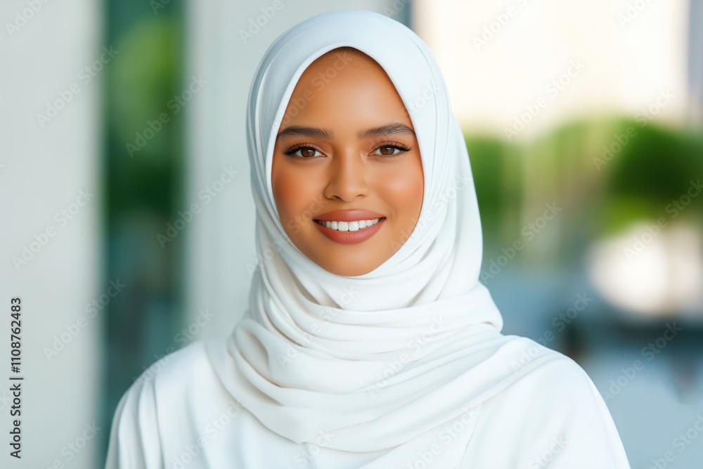 Emirati woman wearing a white hijab smiles warmly outdoors in a modern architectural setting, showcasing cultural pride and elegance Emirati woman wearing a white hijab smiles warmly outdoors in a modern architectural setting, showcasing cultural pride and elegance