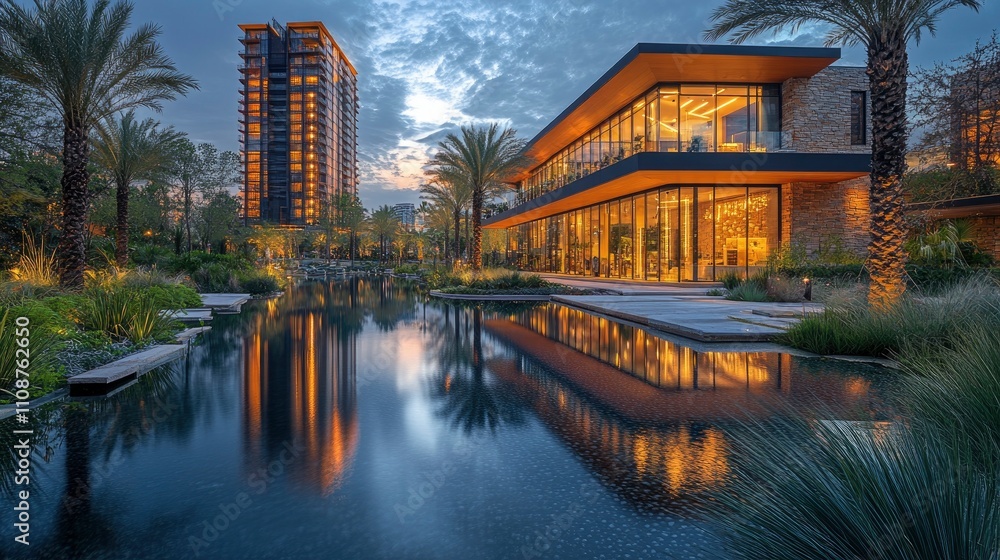 Obraz premium Twilight photograph of mix-use building reflecting in still pool with geometric lighting patterns visible in windows