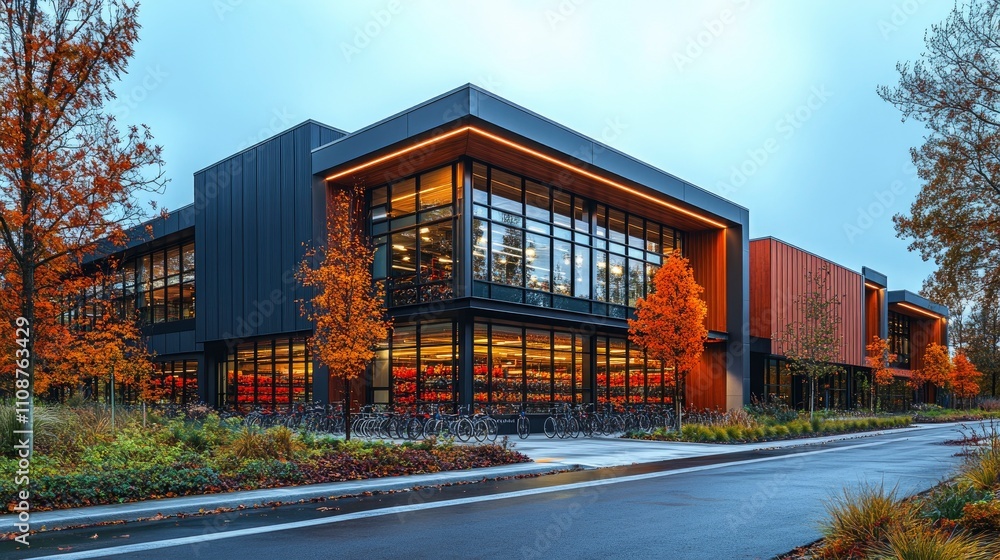 Obraz premium Wide-angle capture of mix-use building bicycle storage facility with industrial design elements