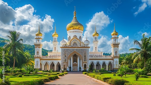 A majestic mosque adorned with detailed patterns and golden domes shining brightly