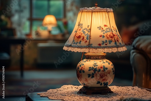 Classic antique lamp porcelain base and a floralpatterned shade placed on a lace doily in a vintage living room soft golden light creating a warm nostalgic atmosphere photo