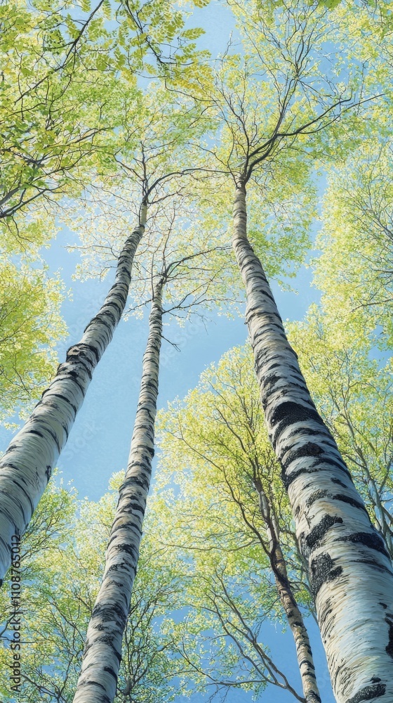 Fototapeta premium Tall, slender birch trees reach towards a clear blue sky, showcasing vibrant green leaves in spring.