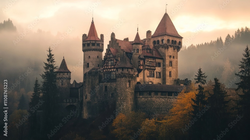 Fototapeta premium Luxury castle hotel, medieval architecture, surrounded by forest, sunset light,