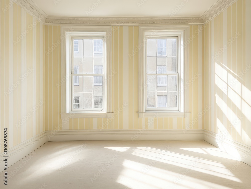 Fototapeta premium Bright and Airy Room with Yellow Striped Walls and Three Large Windows Filling the Space with Natural Light for a Cozy Atmosphere