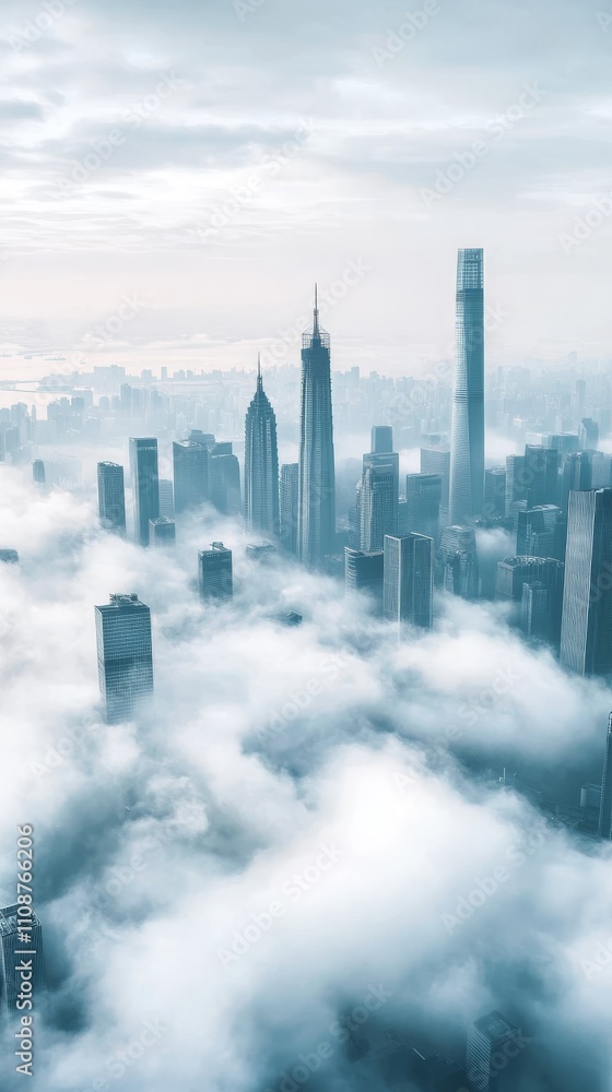 Fototapeta premium A breathtaking view of skyscrapers piercing through the mist, showcasing a serene yet dynamic urban landscape.