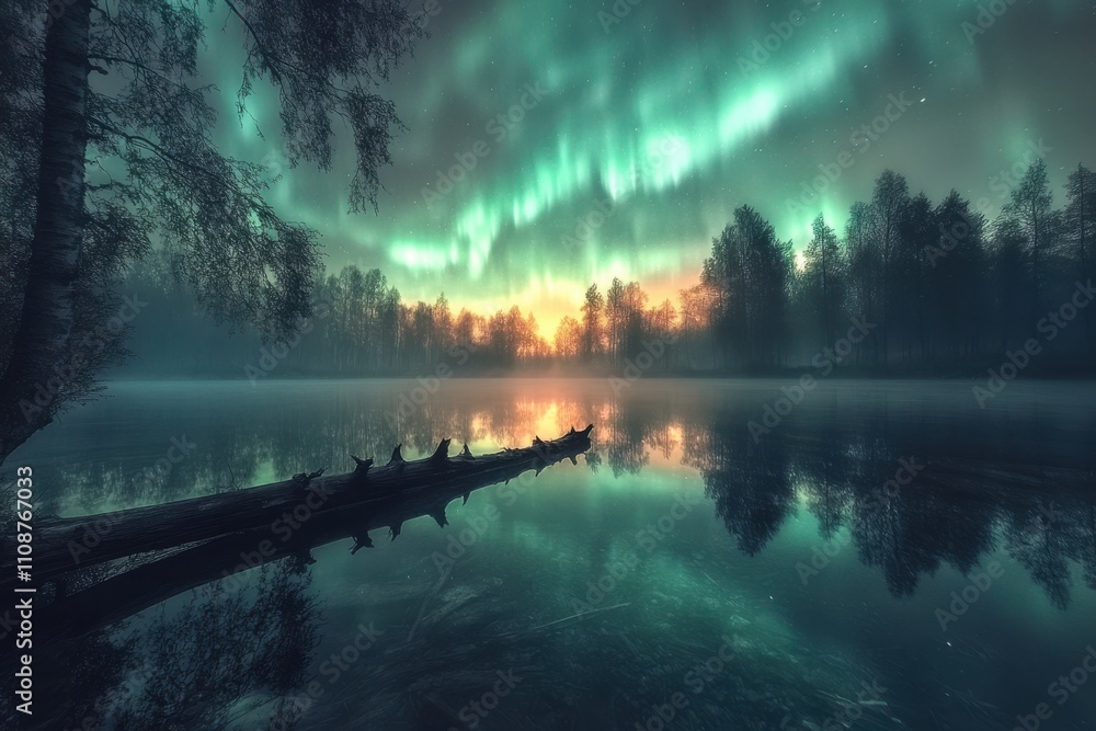 Captivating Aurora Borealis Illuminates Misty Lake at Dusk, Surrounded by Lush Trees and Reflections in Calm Waters, Creating a Dreamlike Atmosphere Captivating Aurora Borealis Illuminates Misty Lake at Dusk, Surrounded by Lush Trees and Reflections in Calm Waters, Creating a Dreamlike Atmosphere