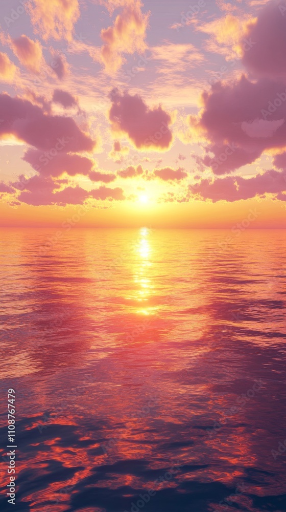 Fototapeta premium A stunning sunset over calm waters, featuring vibrant hues of orange, pink, and purple reflected on the surface.