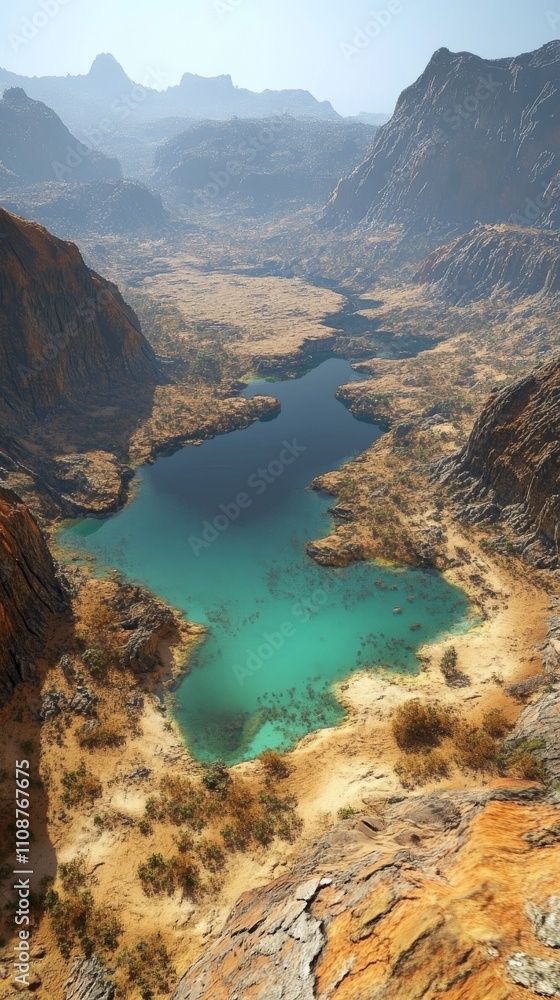 Obraz premium A breathtaking aerial view of a tranquil turquoise lake surrounded by rugged mountains and dry desert landscape.