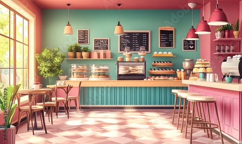 Sunlit Pastel Cafe Interior With Delicious Pastries photo