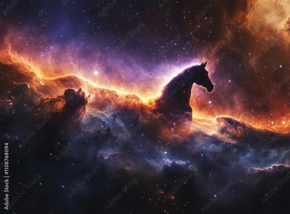 Fototapeta premium Celestial Horse Silhouette Against Cosmic Background with Colorful Nebula and Stars in a Vibrant Space Scene Perfect for Dreamy and Imaginative Visuals