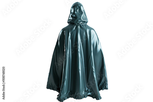 Long dark teal cape worn by a figure with back to the camera showcases a sleek design suitable for various occasions photo