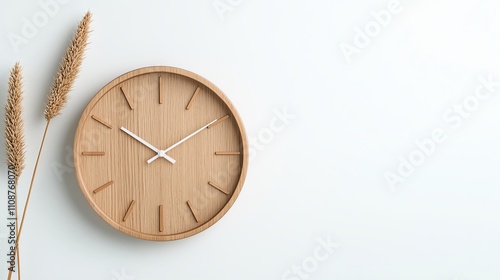 Stylish wooden clock with minimalist design, accompanied by dried grass. Perfect for home decor and time management. photo