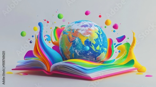 colorful book with a globe and vibrant splashes photo