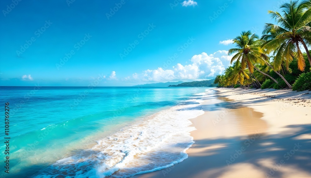 Idyllic Tropical Beach. A Serene Shoreline Framed by Lush Palm Trees and Crystal-Clear Waters Under a Bright Blue Sky Idyllic Tropical Beach. A Serene Shoreline Framed by Lush Palm Trees and Crystal-Clear Waters Under a Bright Blue Sky