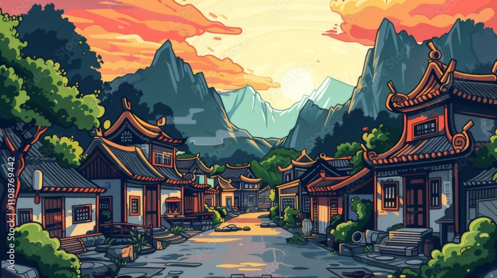Obraz premium A traditional village with pagoda-style roofs, set against a backdrop of mountains and a setting sun, creating a serene and picturesque scene