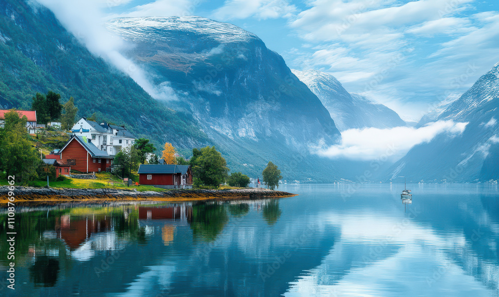 Fototapeta premium Serene fjord village reflecting in calm water misty mountains. Peaceful landscape