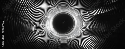 A mesmerizing black and white image showcasing concentric patterns leading to a central dark circle, evoking depth and intrigue.
