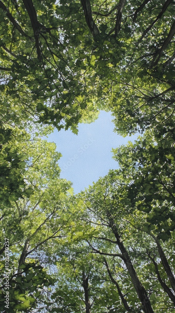 Fototapeta premium A heart-shaped clearing in a dense forest canopy showcases vibrant green leaves and a bright blue sky.