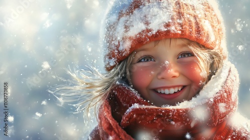 A portrait of a joyful child playing in the snow with a bright smile and rosy cheeks photo