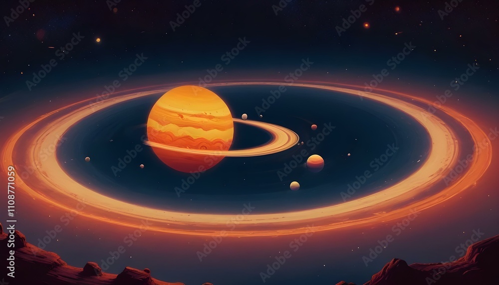 Naklejka premium Una colorida ilustración que representa un planeta gigante gaseoso con anillos rodeados de planetas o lunas más pequeños en un cielo nocturno estrellado