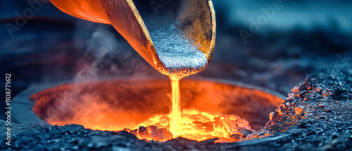 Pouring molten metal at Cangzhou steel plant reveals the artistry of steelmaking in vibrant orange and blue hues photo