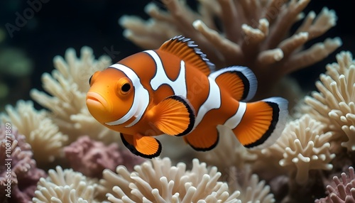 Un primer plano de un vibrante pez payaso naranja y blanco nadando en un acuario con un fondo borroso