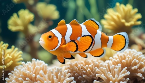 Un primer plano de un vibrante pez payaso naranja y blanco nadando en un acuario con un fondo borroso