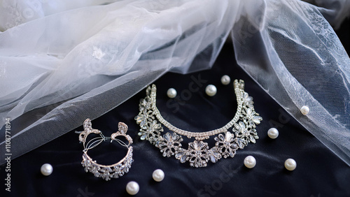 pearls, wedding jewlery and tulle