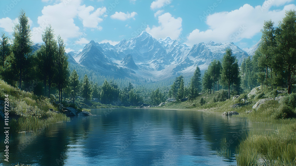 Serene mountain lake reflecting snow-capped peaks under a bright sky. Serene mountain lake reflecting snow-capped peaks under a bright sky.