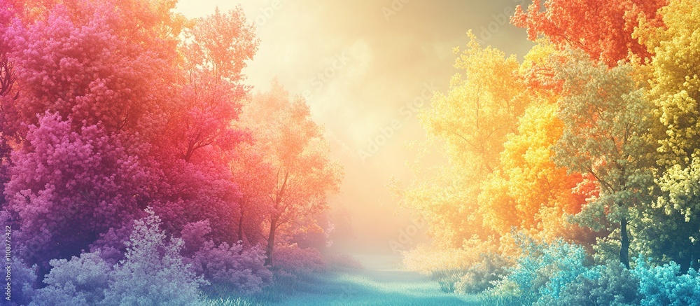 Fototapeta premium A vibrant forest scene with colorful trees and a misty atmosphere.