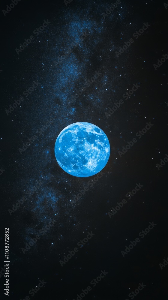 Obraz premium A mesmerizing blue moon illuminated against a starry night sky, creating a surreal and tranquil atmosphere.