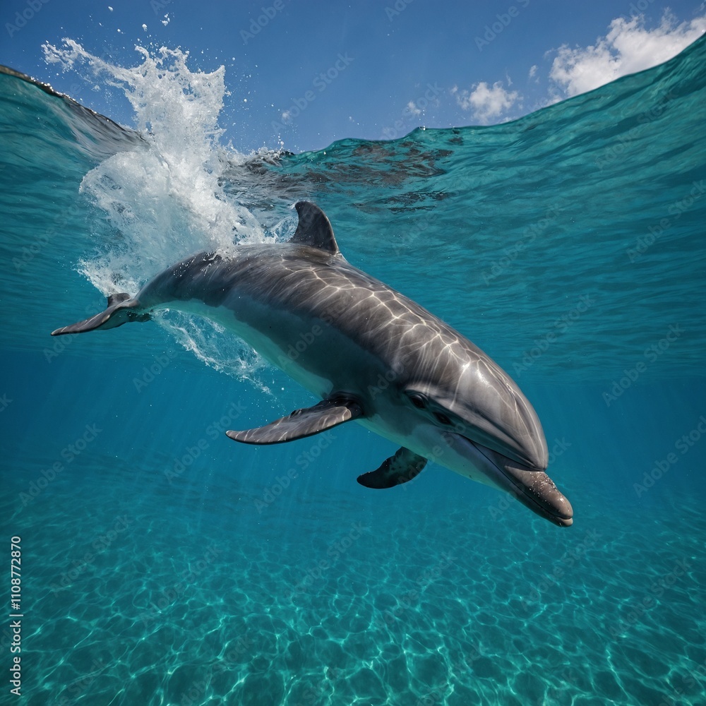 Fototapeta premium Detail a dolphin leaping out of turquoise waters under a bright sky.