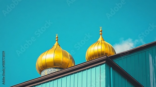 A minimalist mosque with understated details and radiant golden domes