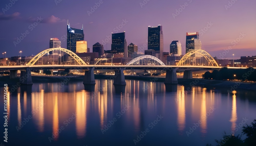 Naklejka premium Colorido horizonte de ciudad, al atardecer con rascacielos, puentes y reflejos en el río